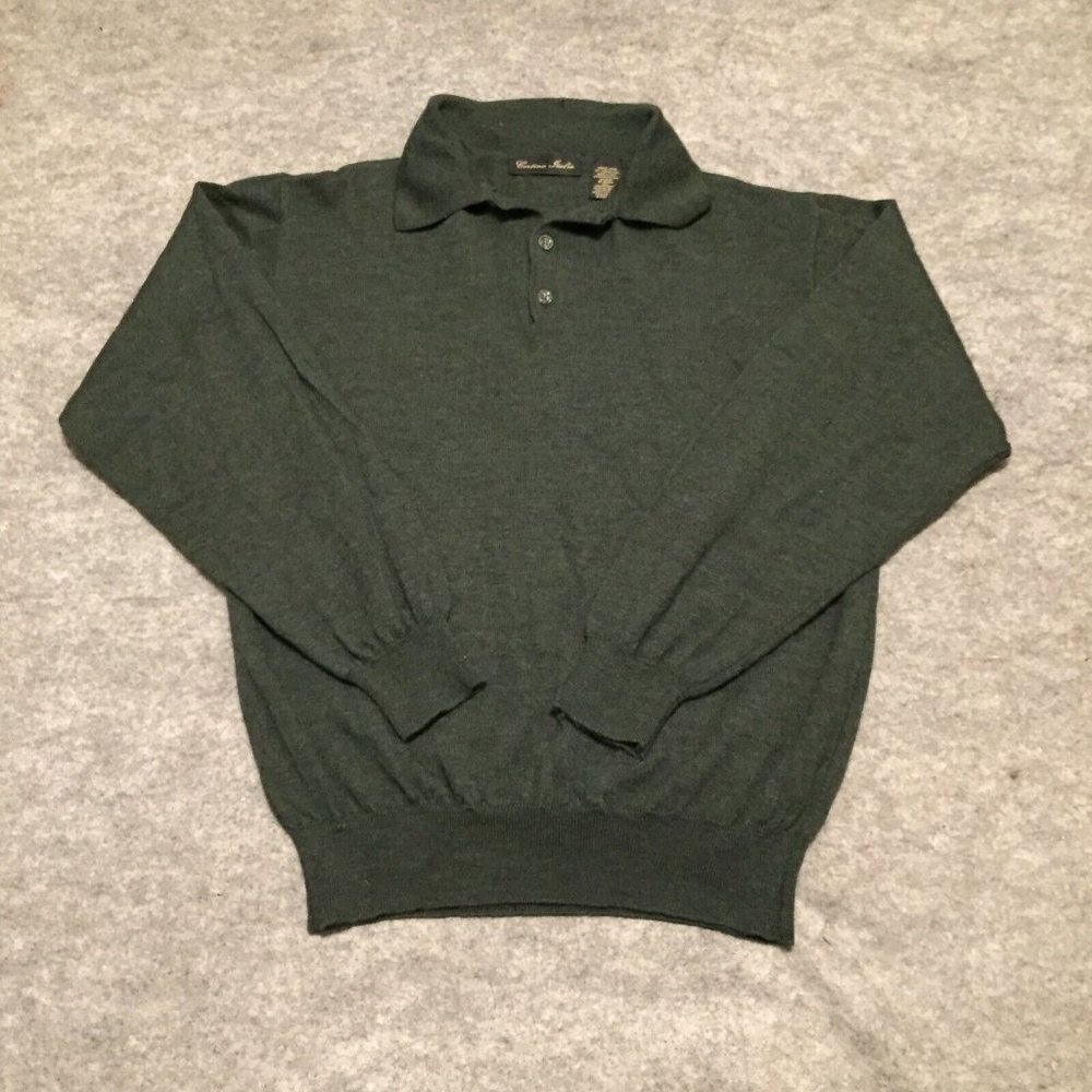 Cortina Italia Sweater Adult Size Large Green Merino Wool V-Neck Polo Mens